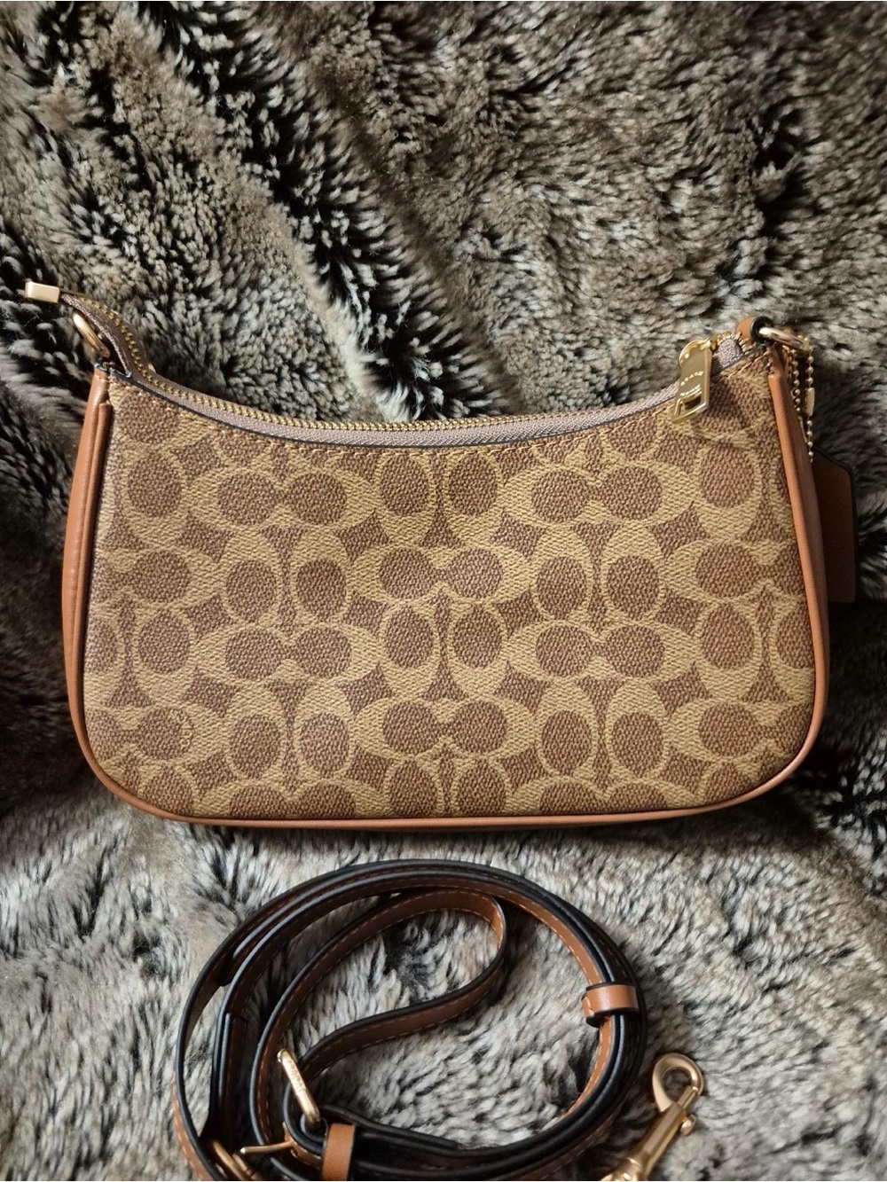Coach Tan/Brown Signature Canvas Shoulder Bag with Gold Hardware - Picture 4 of 8